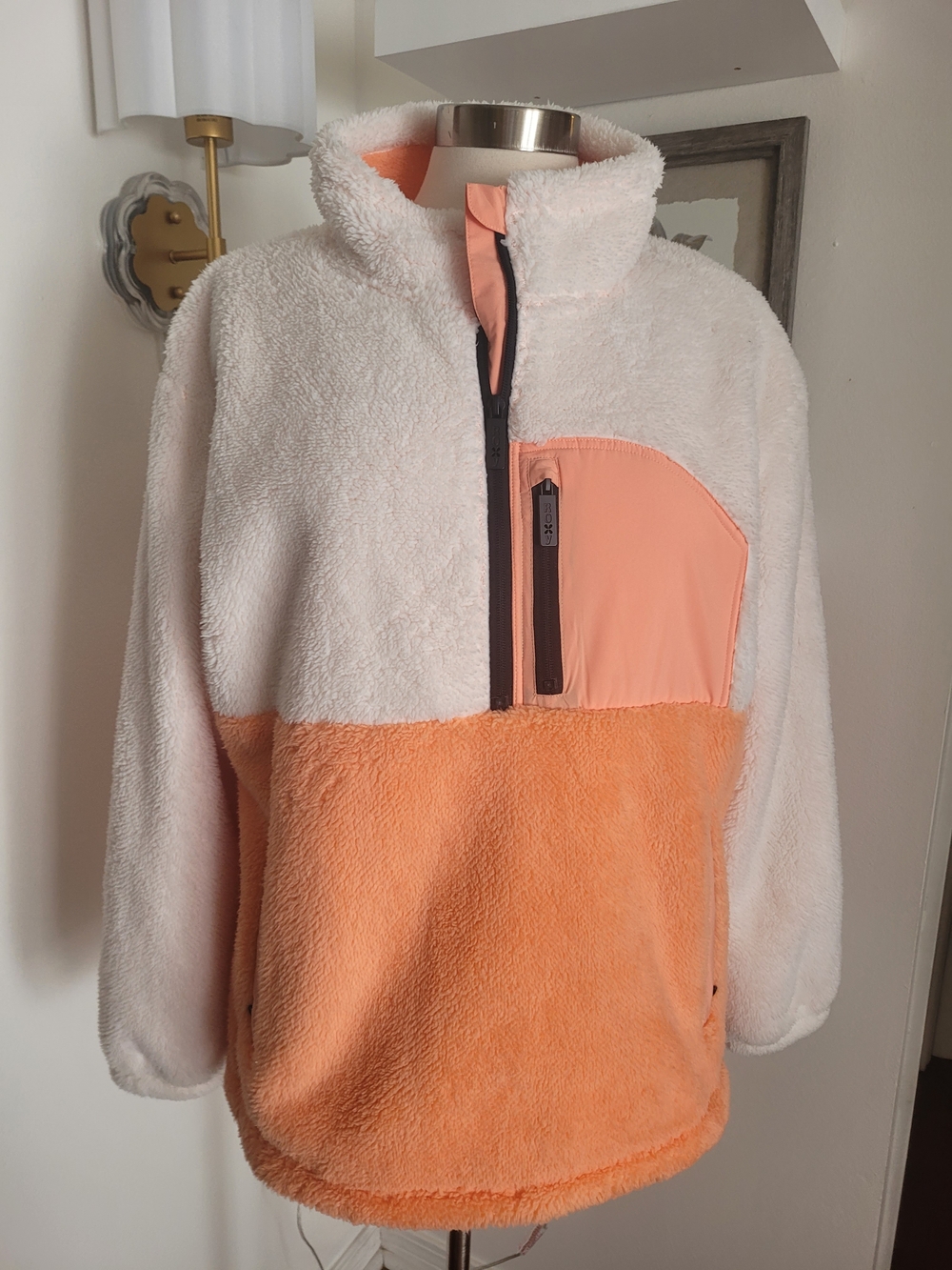Roxy Plush Colorblock Half-Zip Pullover in Cream & Peach Large